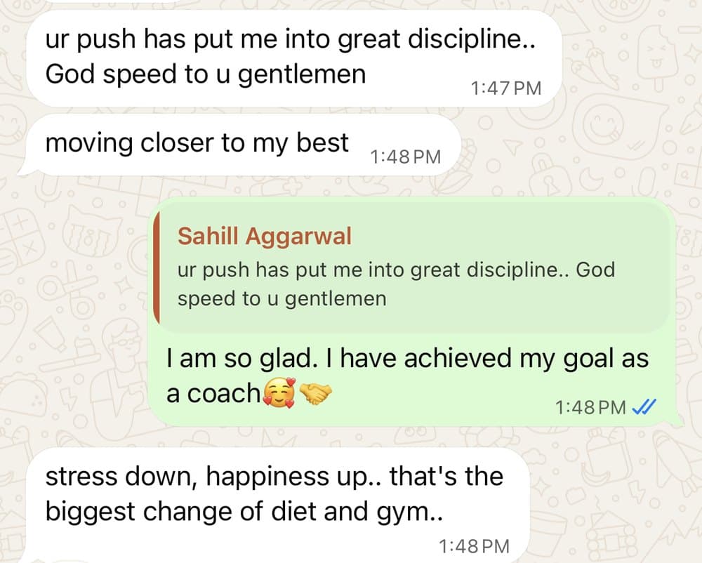Sahill Aggarwal's messages: the coaching put him into great discipline, he is moving closer to his best, and stress is down while happiness is up.