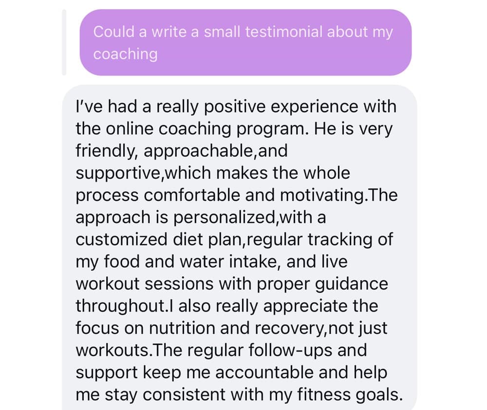 Tijey's message describing the customised diet plan, food and water tracking, live workout sessions and regular follow-ups.